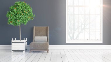 Büyük pencere ile modern parlak iç. 3D render