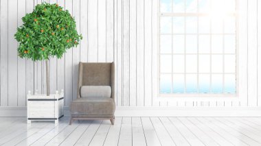 Büyük pencere ile modern parlak iç. 3D render