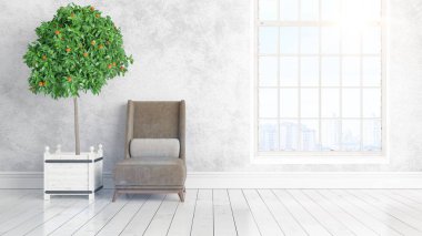 Büyük pencere ile modern parlak iç. 3D render