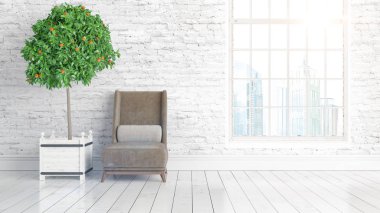 Büyük pencere ile modern parlak iç. 3D render