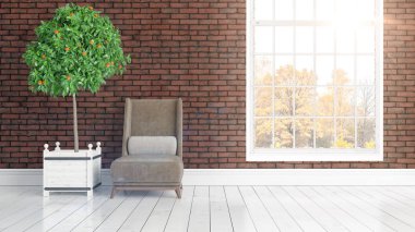 Büyük pencere ile modern parlak iç. 3D render