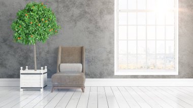 Büyük pencere ile modern parlak iç. 3D render