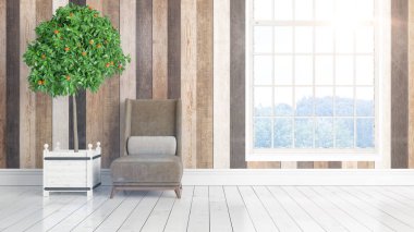 Büyük pencere ile modern parlak iç. 3D render
