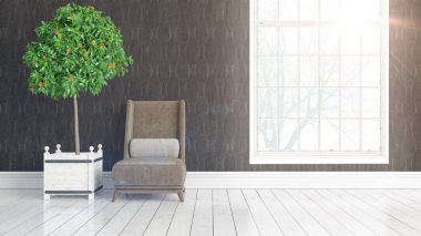 Büyük pencere ile modern parlak iç. 3D render