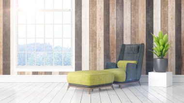 Büyük pencere ile modern parlak iç. 3D render