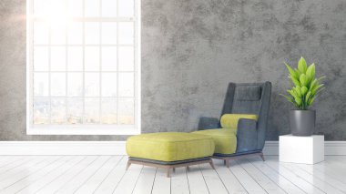 Büyük pencere ile modern parlak iç. 3D render