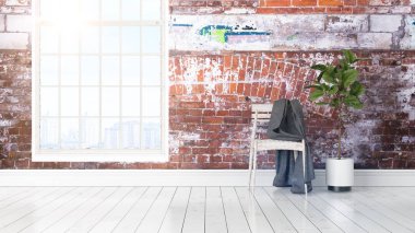 Büyük pencere ile modern parlak iç. 3D render