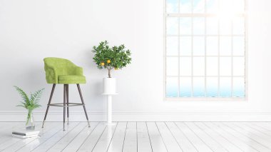 Büyük pencere ile modern parlak iç. 3D render