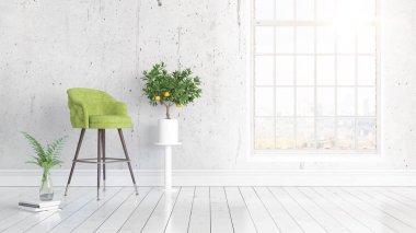 Büyük pencere ile modern parlak iç. 3D render