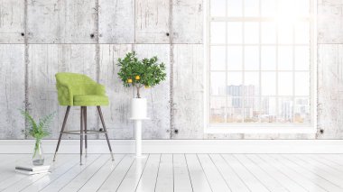 Büyük pencere ile modern parlak iç. 3D render