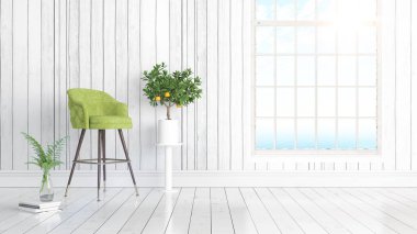 Büyük pencere ile modern parlak iç. 3D render