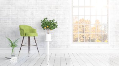 Büyük pencere ile modern parlak iç. 3D render