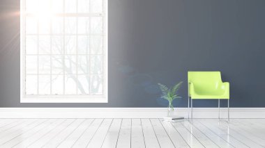 Büyük pencere ile modern parlak iç. 3D render