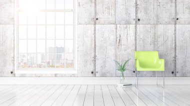 Büyük pencere ile modern parlak iç. 3D render