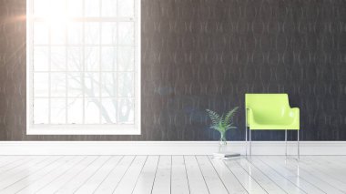 Büyük pencere ile modern parlak iç. 3D render