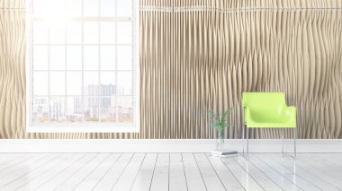 Büyük pencere ile modern parlak iç. 3D render