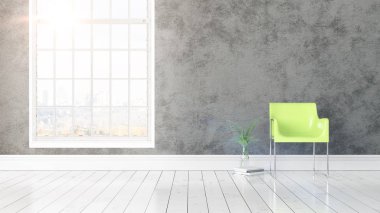 Büyük pencere ile modern parlak iç. 3D render