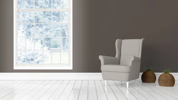 Modern bright interior with large window . 3D rendering — Stock Photo, Image
