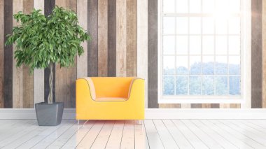 Büyük pencere ile modern parlak iç. 3D render