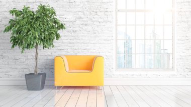 Büyük pencere ile modern parlak iç. 3D render