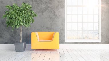 Büyük pencere ile modern parlak iç. 3D render