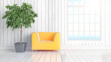 Büyük pencere ile modern parlak iç. 3D render