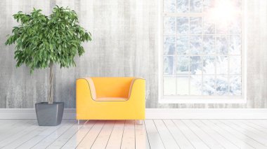 Büyük pencere ile modern parlak iç. 3D render