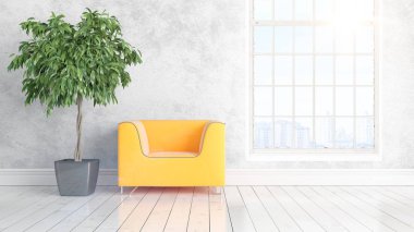 Büyük pencere ile modern parlak iç. 3D render