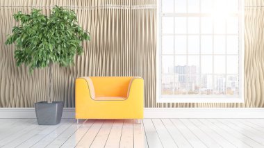 Büyük pencere ile modern parlak iç. 3D render