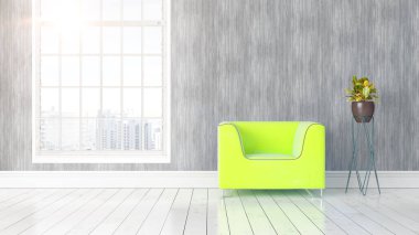 Büyük pencere ile modern parlak iç. 3D render