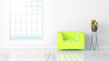 Büyük pencere ile modern parlak iç. 3D render