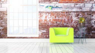 Büyük pencere ile modern parlak iç. 3D render