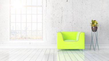 Büyük pencere ile modern parlak iç. 3D render