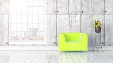 Büyük pencere ile modern parlak iç. 3D render