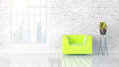 Büyük pencere ile modern parlak iç. 3D render