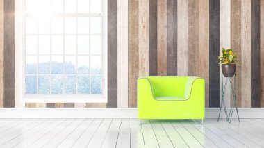 Büyük pencere ile modern parlak iç. 3D render