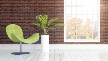 Büyük pencere ile modern parlak iç. 3D render