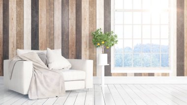 Büyük pencere ile modern parlak iç. 3D render