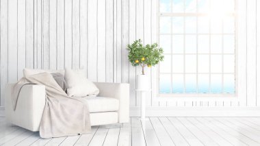 Büyük pencere ile modern parlak iç. 3D render