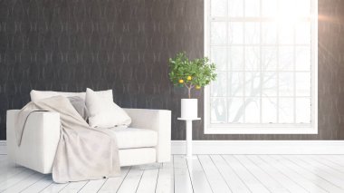 Büyük pencere ile modern parlak iç. 3D render