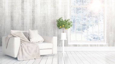 Büyük pencere ile modern parlak iç. 3D render