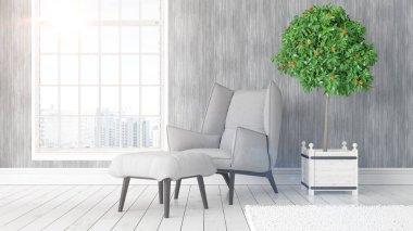 Büyük pencere ile modern parlak iç. 3D render