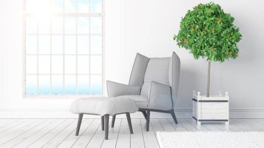 Büyük pencere ile modern parlak iç. 3D render