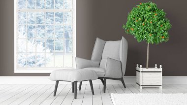 Büyük pencere ile modern parlak iç. 3D render