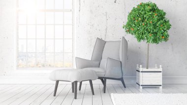 Büyük pencere ile modern parlak iç. 3D render