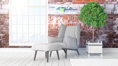 Büyük pencere ile modern parlak iç. 3D render