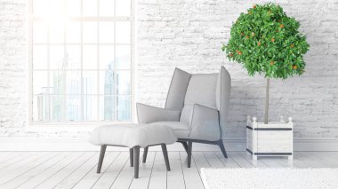 Büyük pencere ile modern parlak iç. 3D render