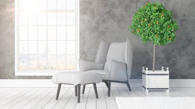 Büyük pencere ile modern parlak iç. 3D render