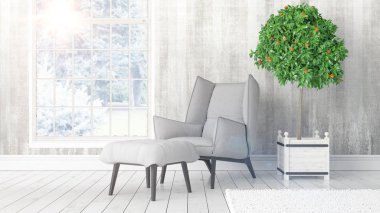 Büyük pencere ile modern parlak iç. 3D render