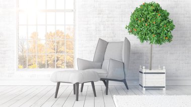 Büyük pencere ile modern parlak iç. 3D render